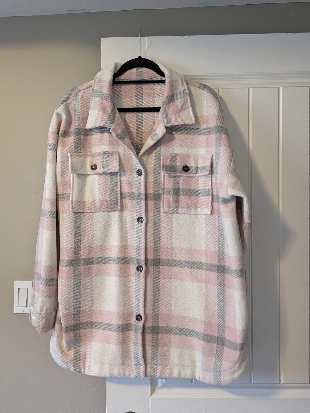 Pink and Gray Plaid Button-Up Shacket